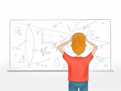 学生在白板上看数学问题的手绘插图 - 回到学校卡通动漫人物图画
