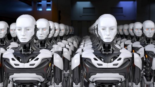 一群机器人工人站成一排。3D插图。一群机器人工人站成一排