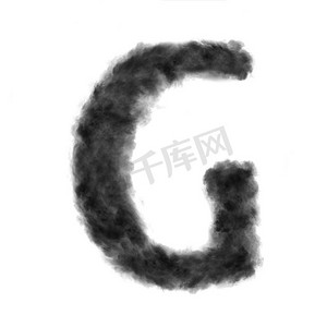 字母G从黑色的云或烟雾在白色背景与复制空间，不渲染。字母G在白色背景上由乌云制成。