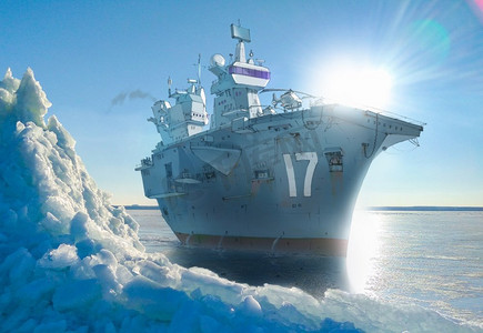 一艘巨大的军舰(航空母舰)在结霜的冰冷的海中的逼真和详细的栅格插图。背景照片是从我的档案中拍摄的。