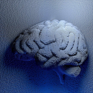 大脑由块组成。人工智能概念。3D插图。大脑由块组成