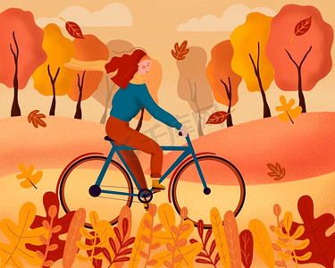 平面女孩摄影照片_穿着秋天衣服的愉快的年轻妇女骑自行车与森林背景。树叶在风中飞舞。平面彩色插图。 