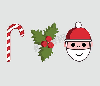 圣诞节的三个图标或符号的插图。红白相间的拐杖糖，冬青圣诞和圣诞老人的头。后台隔离