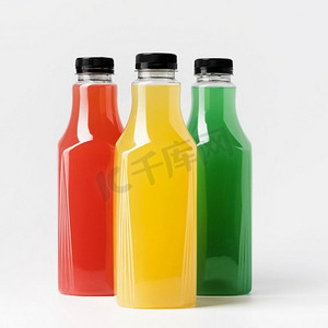 果汁标签摄影照片_前景三个带盖的果汁瓶
