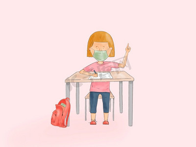 一个孩子的手绘制插图使用面罩指向学校桌子—回到学校后冠状病毒