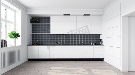 现代白色厨房内饰。3D渲染设计概念