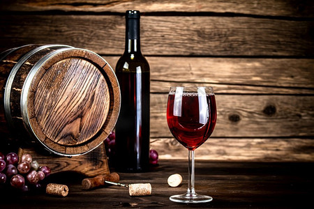 瓶饮料摄影照片_桶，一瓶和一杯红酒。在一个木制的背景。.桶，一瓶和一杯红酒。 