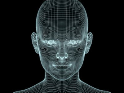 3D插图的人的头部在金属网用于插图技术，教育和计算机科学