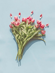 淡蓝色背景上有粉红色花瓣的郁金香花束。春暖花开。俯视图。