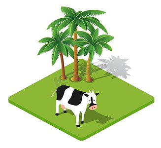 牛和棕榈乡村图标乡村生态景观农场。牛和棕榈乡村图标乡村生态景观