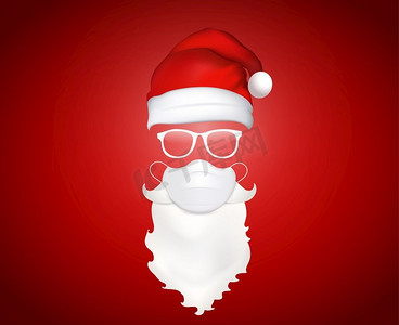 3D插图圣诞老人的脸，戴着医用面具-帽子-眼镜-胡子和胡子。圣诞圣诞老人设计元素。假日图标。新年