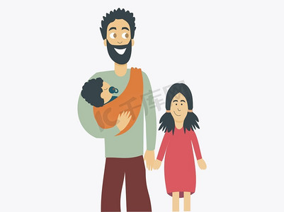 一个父亲携带一个婴儿在吊索和一个孩子在手上的插图—父亲节庆祝