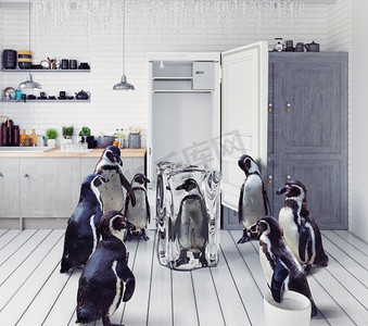 这群企鹅在冰箱里发现了一只弗罗森。照片与3D融合创意概念