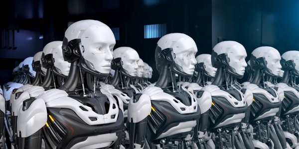 一群机器人工人站成一排。3D插图。一群机器人工人站成一排