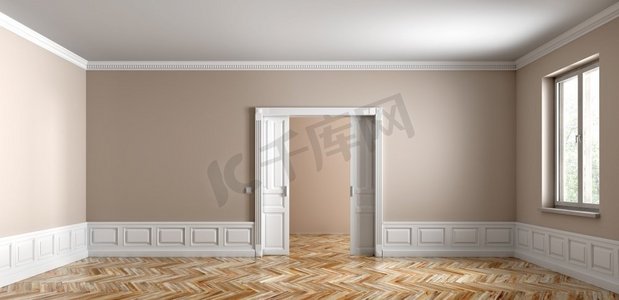 空荡荡的公寓的经典室内，门窗，带有白色镶板的米色墙壁和木质拼花地板3D渲染