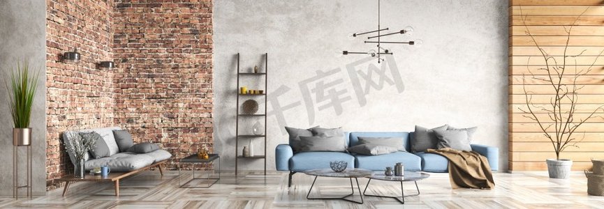 现代室内设计阁楼公寓，客厅与蓝色和灰色沙发。房屋设计与砖和灰泥墙。全景3d渲染