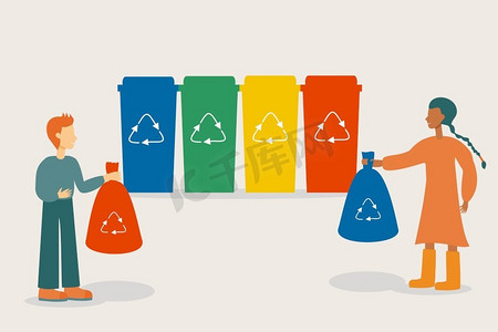 垃圾分类垃圾桶摄影照片_人们将垃圾分类在不同的回收箱或容器中，以减少污染
