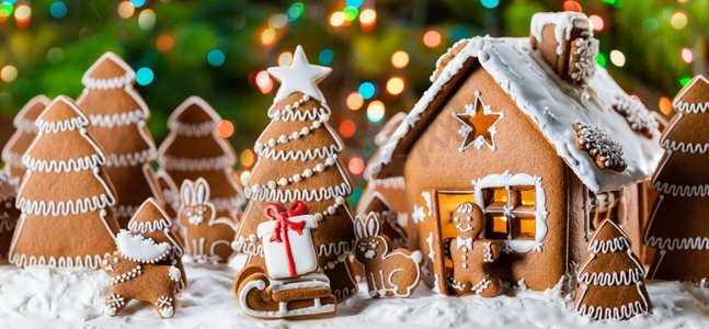 姜饼屋圣诞节冷杉树礼物和动物饼干冬季节日庆祝概念。姜饼屋和树木