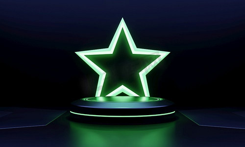 现代产品展示科幻领奖台，背景为绿色发光的霓虹灯星形。技术和对象概念。3D插图渲染