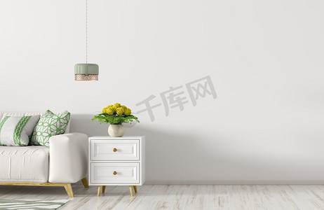 客厅的现代内部与白色沙发，橱柜和光反对白色墙壁与复制空间3d渲染