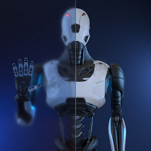 机器人站在玻璃墙前。3D插图。站在玻璃墙前的机器人