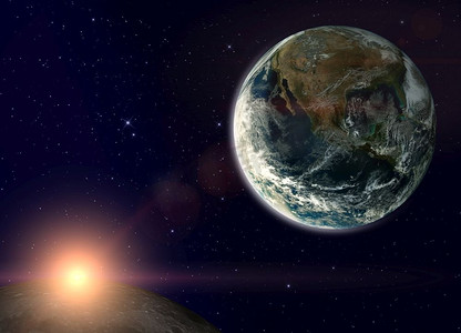 幻想组成与地球在一个星空。太阳从月亮后面升起。这张照片由NASA提供。
