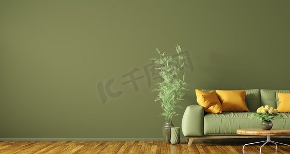 客厅的现代内部与绿色沙发，咖啡桌3d渲染