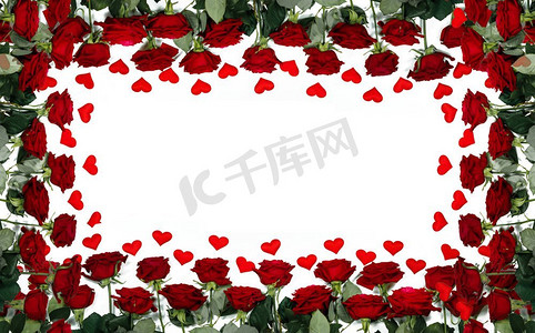 红玫瑰和纸心边界框架隔绝在白色背景，情人节.’红玫瑰和纸心