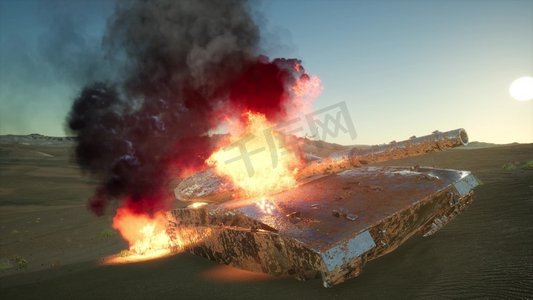 军队展板摄影照片_日落时沙漠中燃烧的坦克