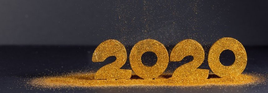 2020新年奢华设计理念。金色2020新年水平模板与金色闪光在蓝色背景。2020新年豪华设计