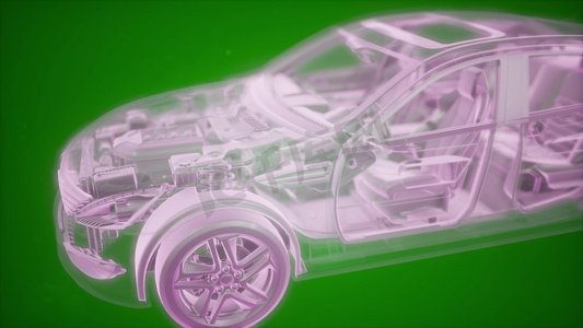 汽车线框摄影照片_全息动画的3D线框汽车模型与发动机和水獭的技术部分。带发动机的3D线框汽车模型的全息动画
