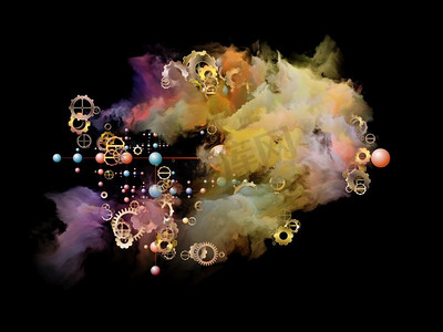 云网络系列。齿轮的组成、分子符号和彩色烟雾就是现代技术的主题。