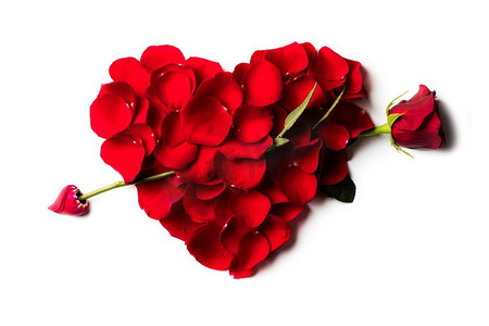 玫瑰花瓣在一颗心的形状与玫瑰箭头隔绝在白色背景。玫瑰花瓣心与箭