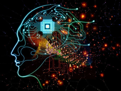 虚拟思维系列。人类头部与CPU组件集成，主题为人工智能、现代技术和计算机科学。