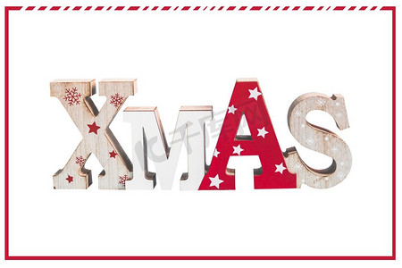 圣诞节贺卡设计摄影照片_词圣诞节，在白色背景隔绝与红色框架圣诞节贺卡