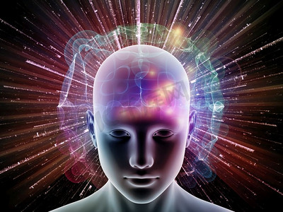 思想的能量系列人类的头部和抽象的分形结构组成，以说明人类的思想的运作。