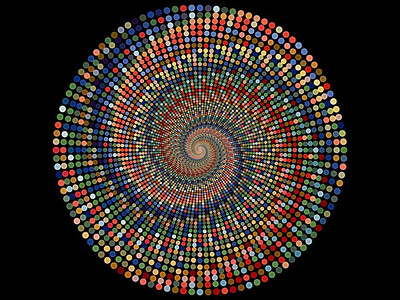 在数学和科学的主题上的紧螺旋图案上的小圆圈的背景。