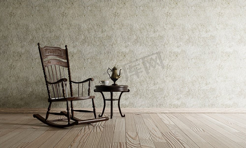 老椅子在经典客厅在木地板和未加工的具体背景。复古室内和建筑概念。3D插图渲染