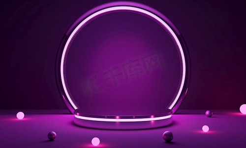 游戏插图摄影照片_赛博朋克粉红色空讲台与发光灯在黑暗中的产品介绍。科技和科幻概念。3D插图渲染