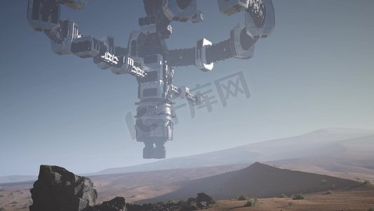 外星人位图摄影照片_外星飞船在沙漠上空旋转。UFO景观。不明飞行物外星飞船在沙漠上空旋转。UFO