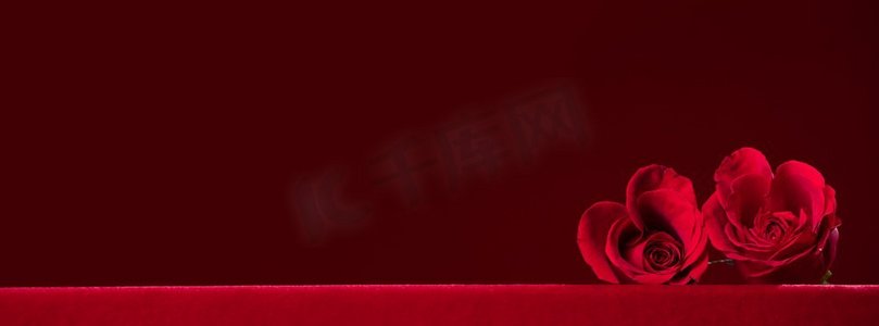 边境设计摄影照片_红玫瑰的心在暗红色背景情人节设计。红玫瑰的心
