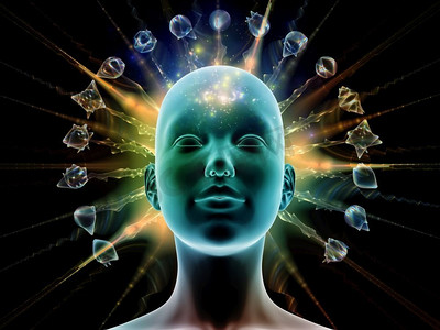 《思考的能量》系列。人头发出抽象的分形结构来说明人类思维的运作。