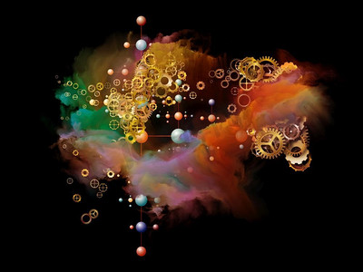 云网络系列现代技术主题齿轮、分子符号和彩色烟雾的构成。