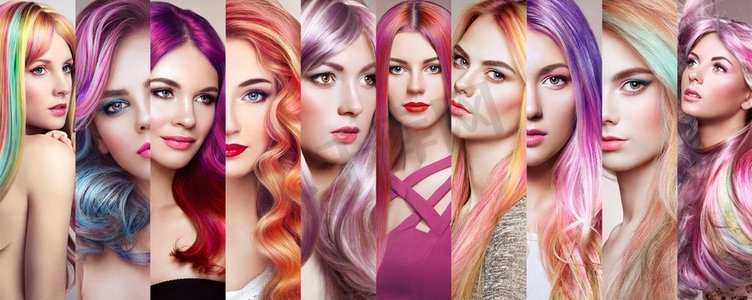 五颜六色摄影照片_美丽时尚拼贴女孩与五颜六色的染色头发。女人的脸。女孩与完美的化妆和粉红色的发型