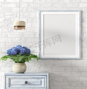 嘲笑海报框架在木箱子与花束的蓝色玫瑰，和光在白色砖墙，室内装饰背景3d渲染