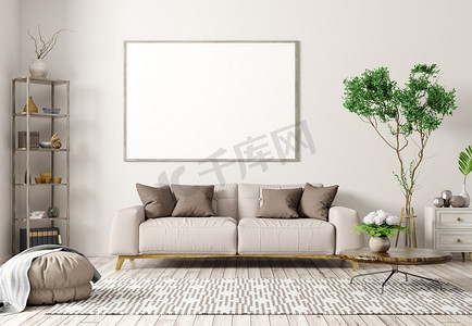 公寓，客厅与米色沙发，咖啡桌，地毯和大模拟海报框架在墙上3d渲染