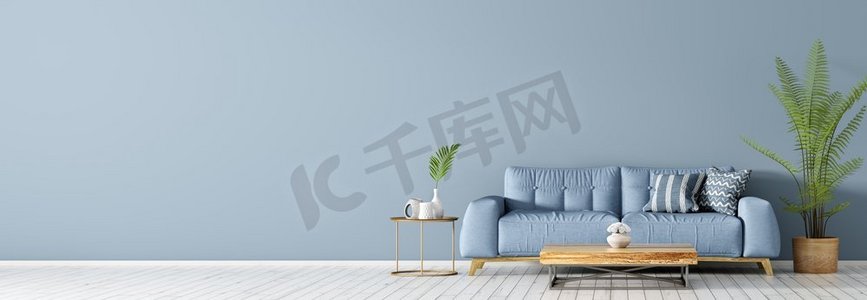 家具渲染背景摄影照片_客厅内部有蓝色沙发在白色硬木地板，咖啡桌和棕榈，全景3d渲染