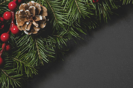 松树圣诞树枝圆锥和红色浆果在黑色纸背景平的躺顶视图模型。松树树枝装饰在黑色的纸