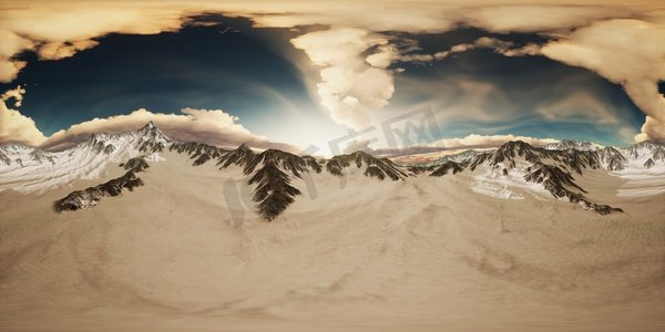 阳光明媚的日子里，山顶上的夕阳。vr360虚拟现实VR 360日落在山顶
