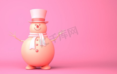 可爱的雪人在粉红色的背景。3D插图。可爱的雪人在粉红色的背景